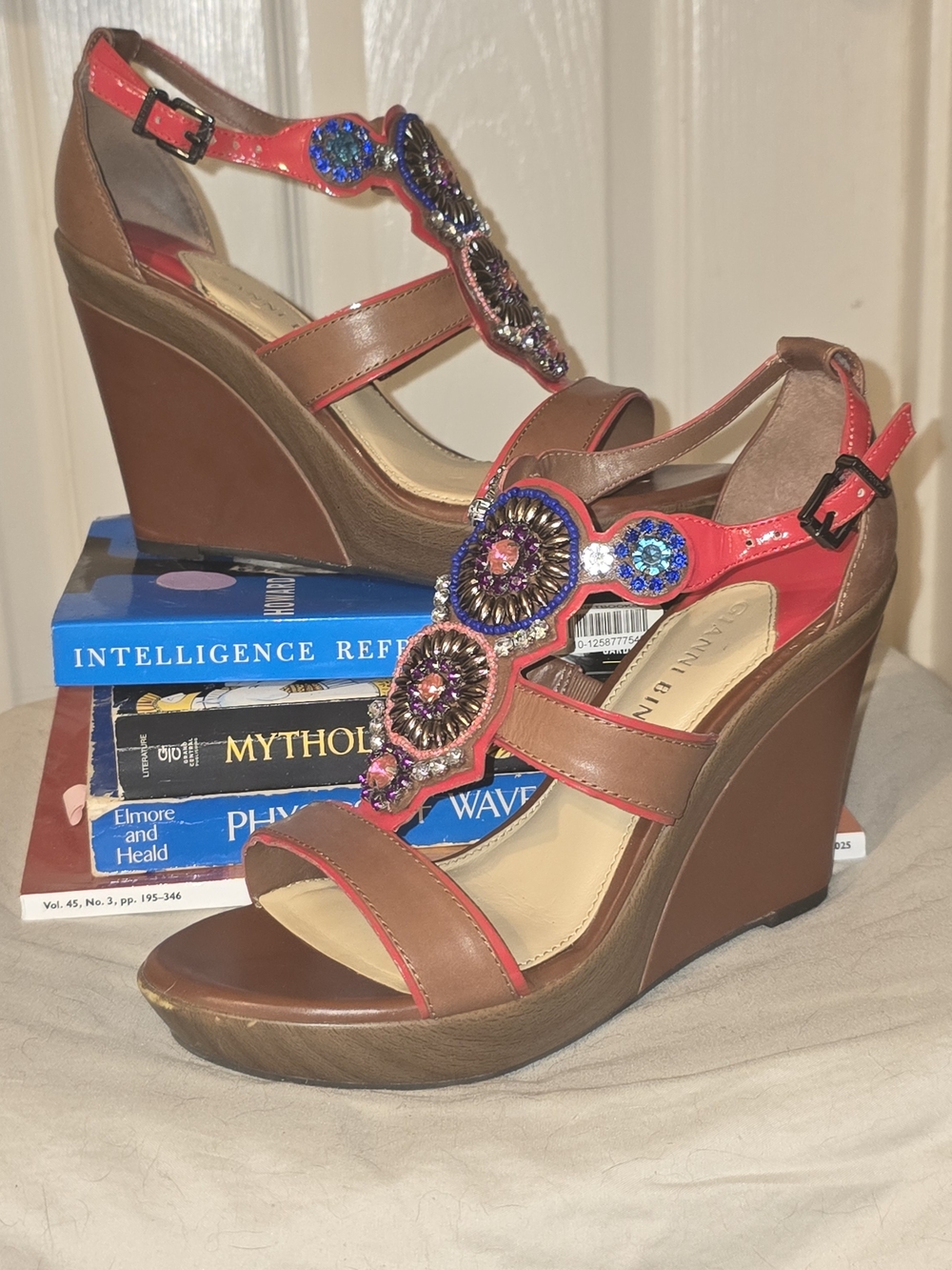 Gianni Bini Jeweled Embellished T-Strap Wedge Sandals Brown Coral Boho